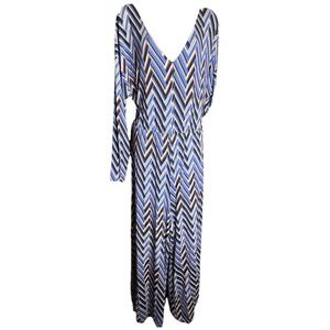 Anthropologie Breezy Wide Leg Long Sleeve Jumpsuit Large 70s Retro Blue Chevron